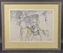 NGUYEN THU (VIETNHAM 1930-2023) 'Carrying Supplies' figures carrying packing cases in the rain,