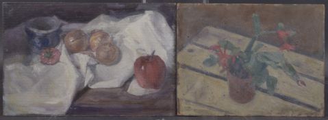 GEORGE WEISSBORT (1928 - 2013) TWO STILL LIFES . A plant in a pot and onions, apple and tomato on