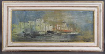 20TH CENTURY SCHOOL Harbourside view with boats and buildings, oil on paper laid on board, 9.5