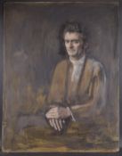 GEORGE WEISSBORT (1928 - 2013) A HALF LENGTH PORTRAIT OF A MAN, hands crossed. Oil on board,