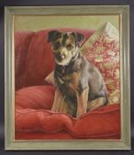 CONTEMPORARY SCHOOL Portrait of a terrier dog, seated on a red cushion, oil on canvas, signed with