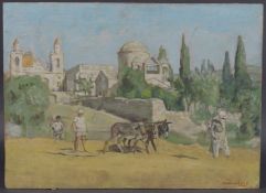 GEORGE WEISSBORT (1928 - 2013) Continental scene with figures and two donkeys. Signed and dated,