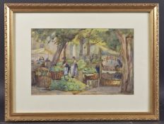 MARGARET TOWERS (EARLY 20TH CENTURY) The Market, Argeles, France, watercolour. lable verso, 9.25