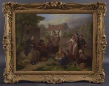IRISH SCHOOL (19TH CENTURY) Village scene of a fiddler playing to a group of onlookers, oil on