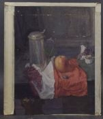GEORGE WEISSBORT (1928 - 2013) STILL LIFE a pewter tankard, apple and grapes. Unframed, board 43cm x