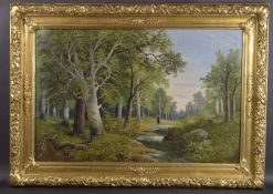 A. CLAMET. ( CIRCA.1920. CONTINENTAL) A woodland landscape with a woman beside a stream, in a superb