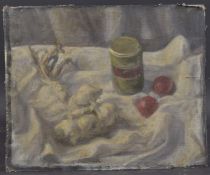 GEORGE WEISSBORT (1928 - 2013). STILL LIFE, garlic and a jar. Canvas on board, unframed. 33 x 46cm