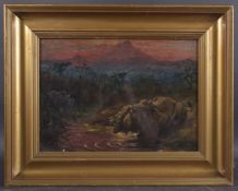 FREDERICK THOMAS DAWS (1878-1956) African scene with lion and rhino at a waterhole, oil on board,