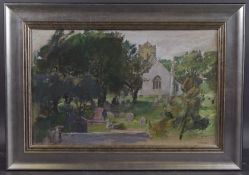 GEORGE WEISSBORT (1928 - 2013) A CHURCHYARD SCENE Signed, canvas on board, framed 27cm x 59cm