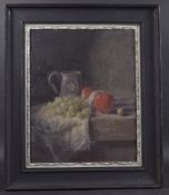 GEORGE WEISSBORT (1928 - 2013) A STILL LIFE a pewter mug, apples, grapes on a white cloth Signed,