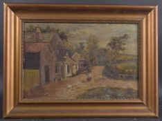 GEORGE A ELCOCK (19TH CENTURY) Village scene with a woman and ducks on a path. oil on canvas