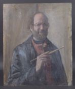 GEORGE WEISSBORT (1928 - 2013) SELF PORTRAIT holding a paint brush. Oil on panel, unframed. 55cm x