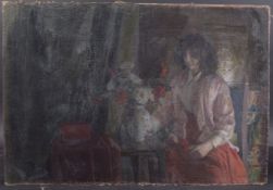 GEORGE WEISSBORT (1928 - 2013) AN INTERIOR OF A YOUNG LADY with a bowl of flowers. Oil on canvas