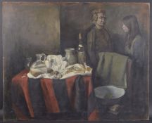 GEORGE WEISSBORT (1928 - 2013) A LADY AND A GIRL WITH A BOTTLE OF WINE and jugs on a white cloth Oil