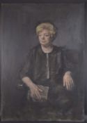 GEORGE WEISSBORT (1928 - 2013) A PORTRAIT OF A LADY in a chair holding a book Oil on panel,