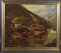 JOHN F NORTON (1875-1940) Mountain landscape with Highland cattle watering oil on canvas, signed,