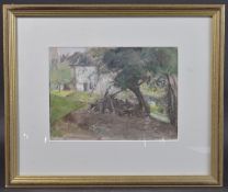 GEORGE WEISSBORT (1928 - 2013) WOOD PILE, HUNTER'S LODGE Signed, oil on panel, framed. 19cm x 26cm