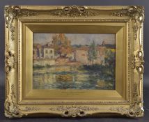 AURELIA DELLA CORTE SZVATEK (EARLY 20TH CENTURY) View of houses on riverbank, oil on panel, mount