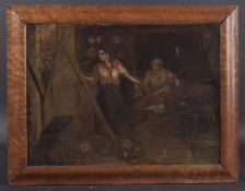 19TH CENTURY SCHOOL, interior scene of two figures barring a door, oil on canvas, indistinctly