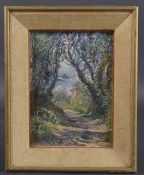 PHYLIS NELSON (BRITISH 1915-2004) 'The Lane', wooded lane with distant house, oil on board,