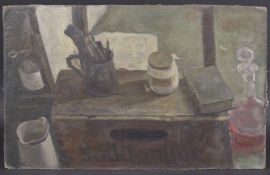 GEORGE WEISSBORT (1928 - 2013) A STILL LIFE, a book, tankard of brushes, jug and decanter Oil on