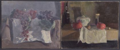 GEORGE WEISSBORT (1928 - 2013) TWO STILL LIFES, tomatoes and a sugar basin on a white cloth AND