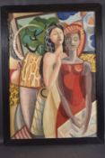 20TH CENTURY SCHOOL Two female standing figures within an abstracted interior, oil on canvas, signed