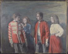 GEORGE WEISSBORT (1928 - 2013) A STUDY OF FOUR BOYS, two young men in uniform and two girls Oil on