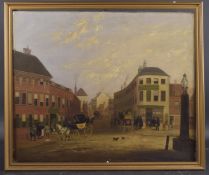 EARLY 19TH CENTURY BRITISH SCHOOL Town square with stage coaches and bystanders, oil on canvas,
