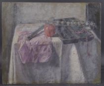 GEORGE WEISSBORT (1928 - 2013) A STILL LIFE, a flute and apple on a white cloth. Oil on board,