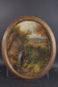 BRITISH SCHOOL (19TH CENTURY) Landscape and watermill with a man collecting water, oil on oval