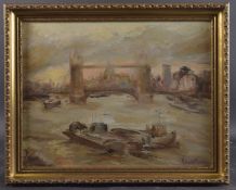 20TH CENTURY BRITISH SCHOOL View of the River Thames with Tower Bridge, London, oil on board,