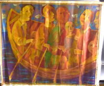 ANDRIY BLUDOV (b.1962 UKRAINE) 'The Crossing' figures in a boat, oil on canvas, signed, without