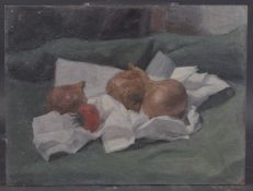 GEORGE WEISSBORT (1928 - 2013). STILL LIFE, onions and tomato on a white cloth. Unframed, board.