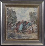 GEORGE WEISSBORT (1928 - 2013) THE GATHERING Signed, oil on board, framed 40cm x 38cm