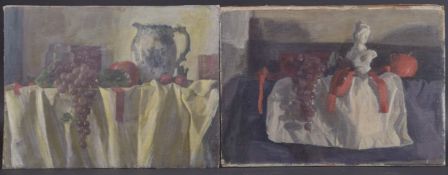 GEORGE WEISSBORT (1928 - 2013) A STILL LIFE a blue and white jug, tomatoes and grapes on a cloth.