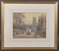 EARLY 20TH CENTURY SCHOOL view of a cathedral from a side street, watercolour, signed