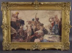 FOLLOWER OF FRANK BRANGWYN tableau of figures with female slaves, oil on paper laid to board, 12.