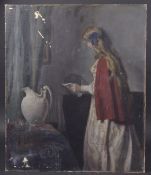 GEORGE WEISSBORT (1928 - 2013) INTERIOR, A YOUNG GIRL in a red cloak standing beside a large pottery