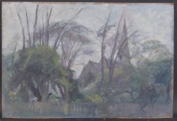 GEORGE WEISSBORT (1928 - 2013) A CHURCH THROUGH THE TREES Unframed, board. 48 x 74cm