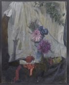 GEORGE WEISSBORT (1928 - 2013) A STILL LIFE, DAHLIAS, a white cloth and apple oil on board,