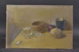 GEORGE WEISSBORT (1928 - 2013) A STILL LIFE, a glass of water , a rug and basket etc.. oil on canvas