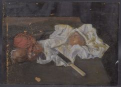 GEORGE WEISSBORT (1928 - 2013) STILL LIFE, onions and a knife on a white cloth. Unframed, board.