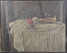 GEORGE WEISSBORT (1928 - 2013) A POST HORN, a glass of wine on a white cloth Oil on canvas, unframed
