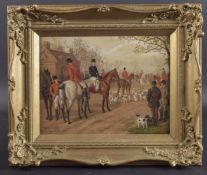 EDWARD BENJAMIN HERBERTE (1857-1893) Hunting scene, riders and dogs gathering at the start, oil on