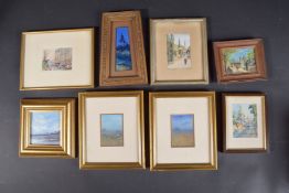 A COLLECTION EIGHT MINIATURE WATERCOLOURS including a view of Sacre Coeur, Paris and a street