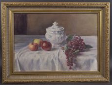 GEORGE WEISSBORT (1928 - 2013) A STILL LIFE a blue and white tureen, grapes and plums on a white
