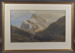 ENGLISH SCHOOL (19TH CENTURY) Alpine peak above a woodland valley, watercolour, 15