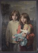 GEORGE WEISSBORT (1928 - 2013) A PORTRAIT OF TWO YOUNG GIRLS WITH A DOLL Oil on board, unframed