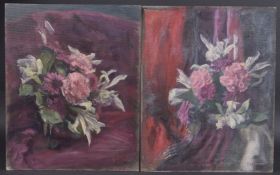 GEORGE WEISSBORT (1928 - 2013) TWO STILL LIFES, flowers. Oil on panel, unframed. 40cm x 33cm, one